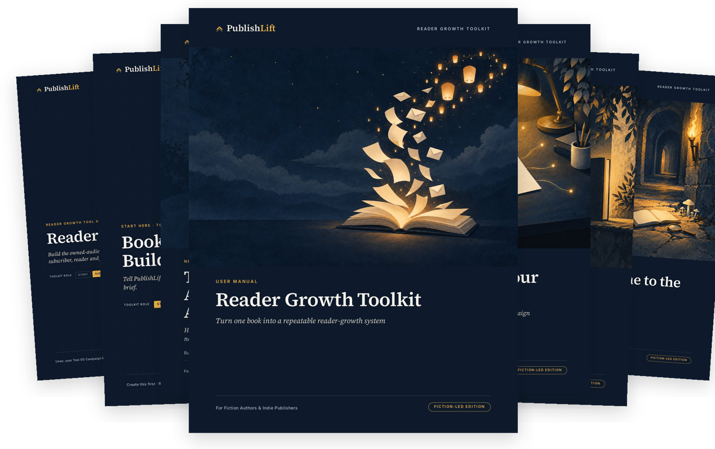 The PublishLift Reader Growth Toolkit PDFs: user manual, NewsletterPilot Companion Playbook, Start Here guide, Tool 00, Tool 01, a campaign recipe and a worked example