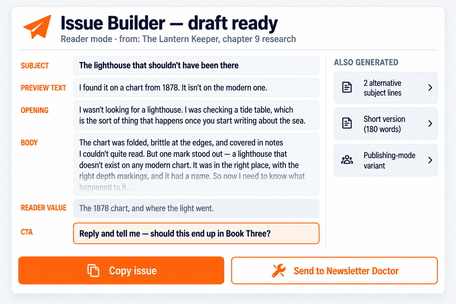A complete newsletter issue with subject line, preview text, opening hook, body and call to action